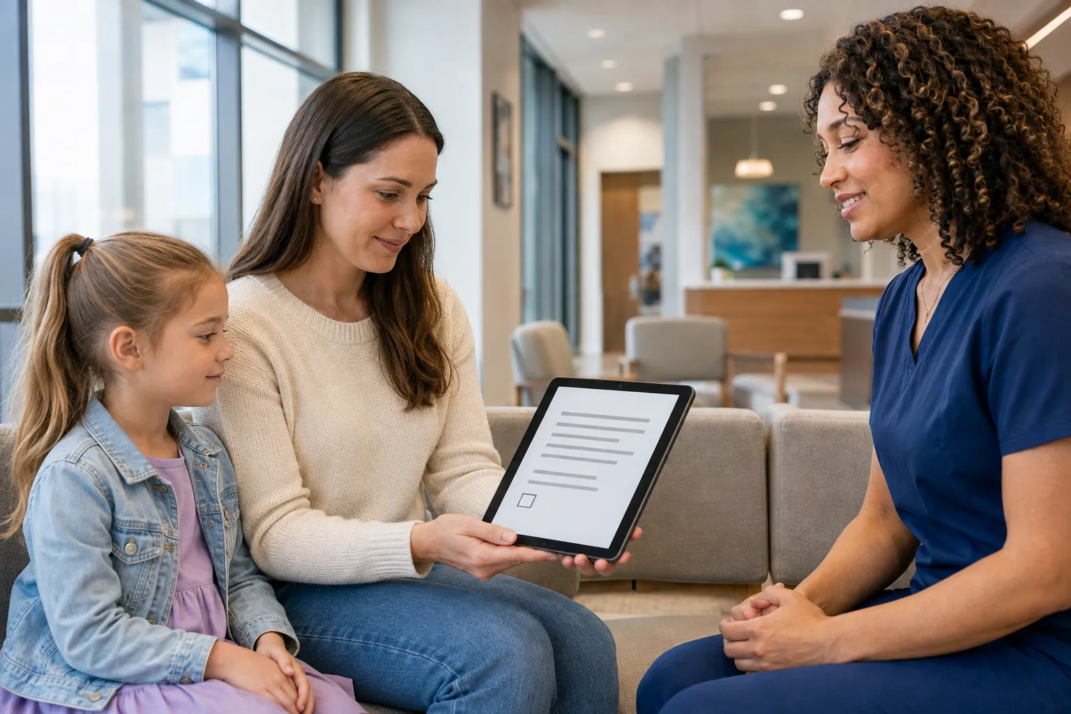 Clinic staff member presenting a consent screen to a mother while her child sits beside her