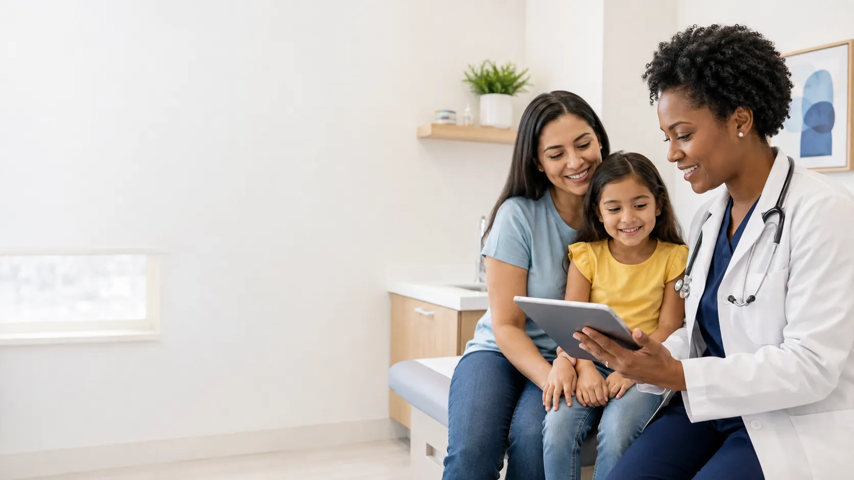 Pediatrician reviewing clinician-approved education with a mother and daughter in an exam room