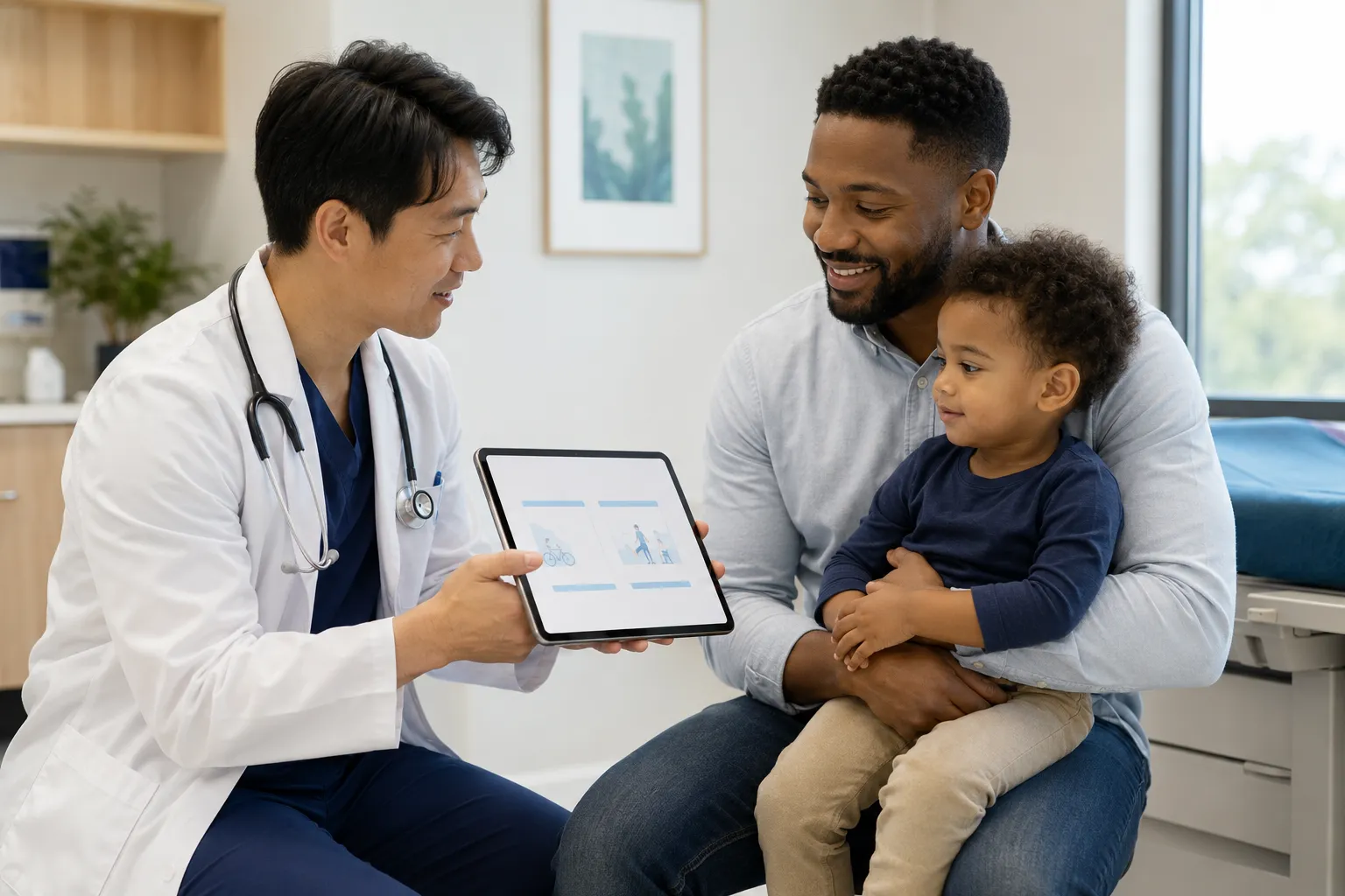 Pediatrician showing a father and toddler an education page on a tablet