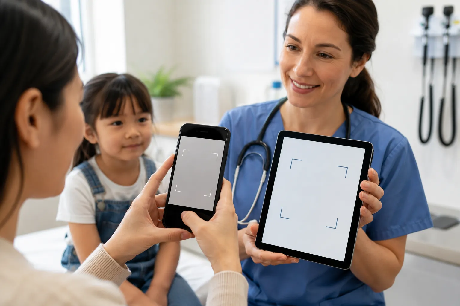 Parent scanning a QR code from a clinic tablet to receive education