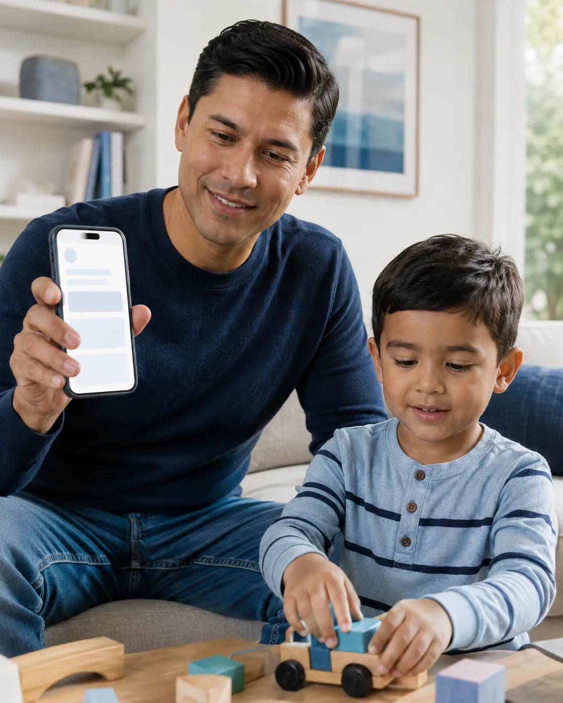 Father viewing shared education on his phone at home while his son plays nearby