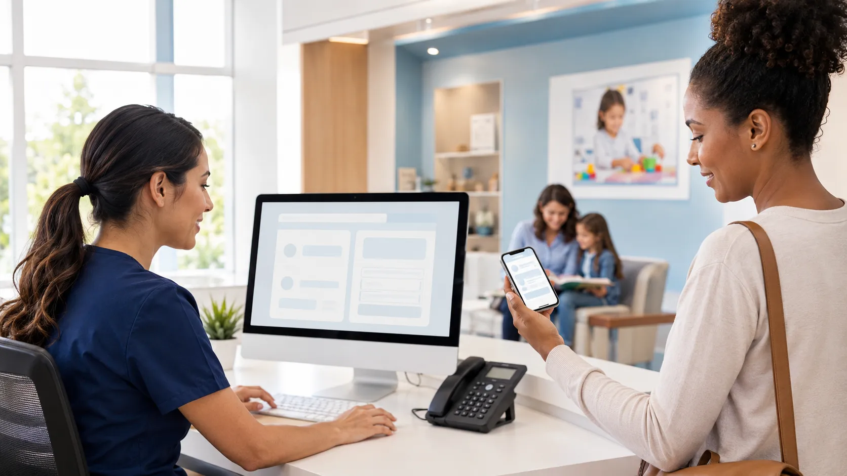 Clinic staff member confirming information at a desktop while a parent receives a notification on a phone