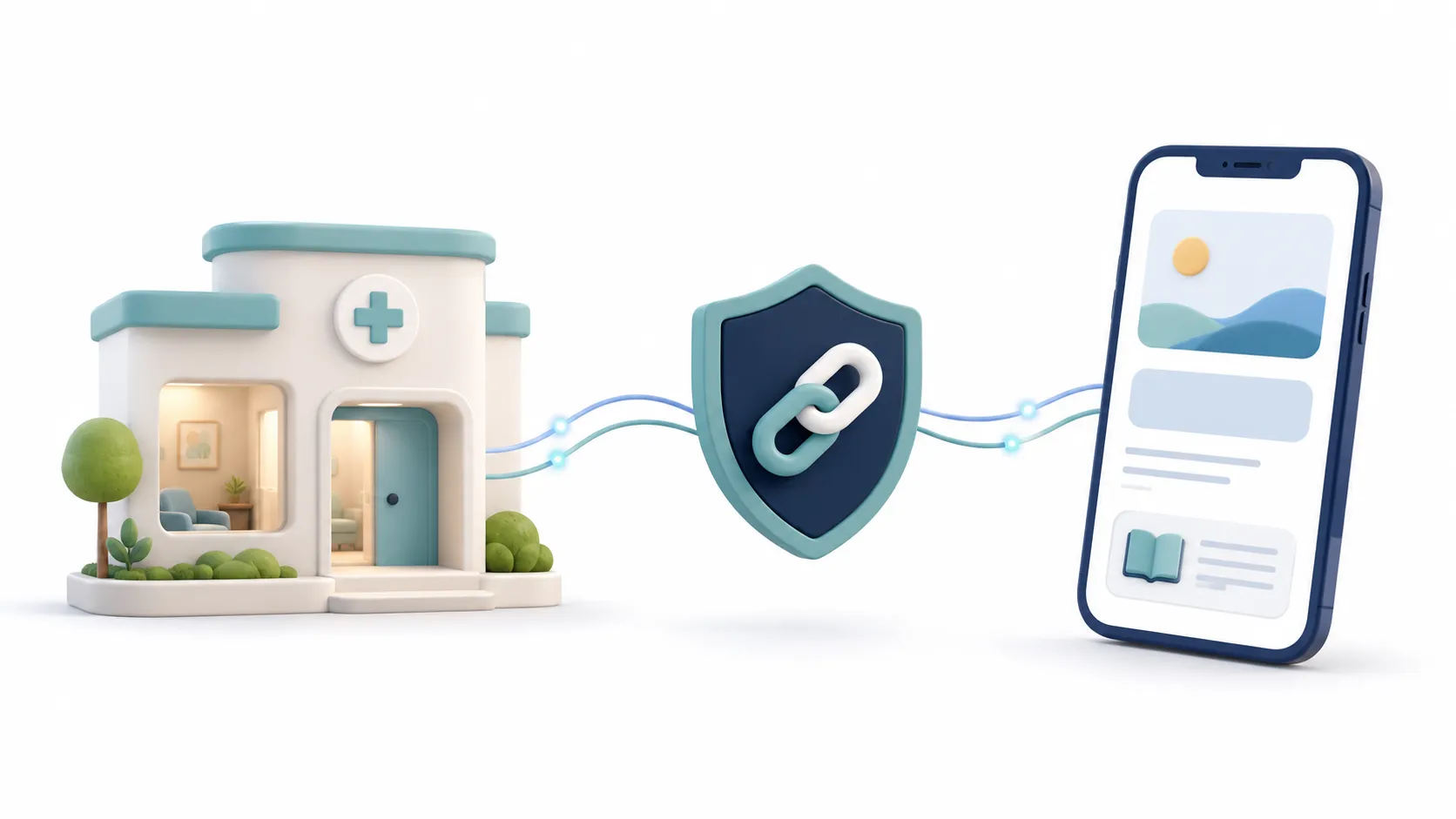 Diagram showing a clinic connected through a secure link to a parent's phone