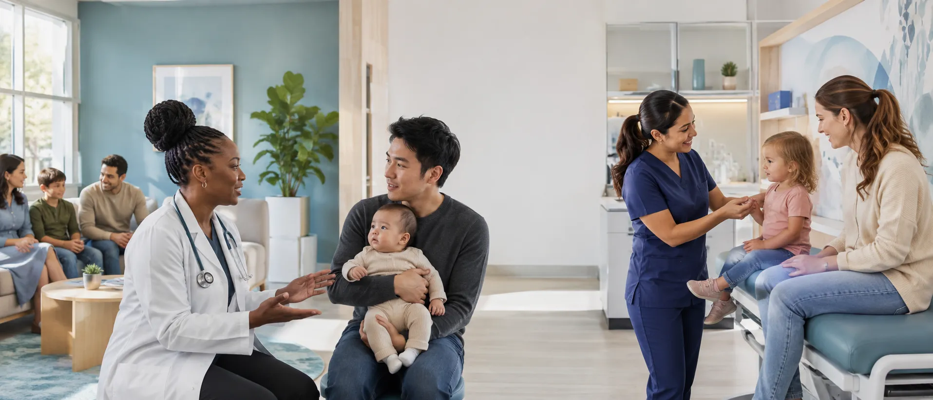 Diverse pediatric clinic community of clinicians and families