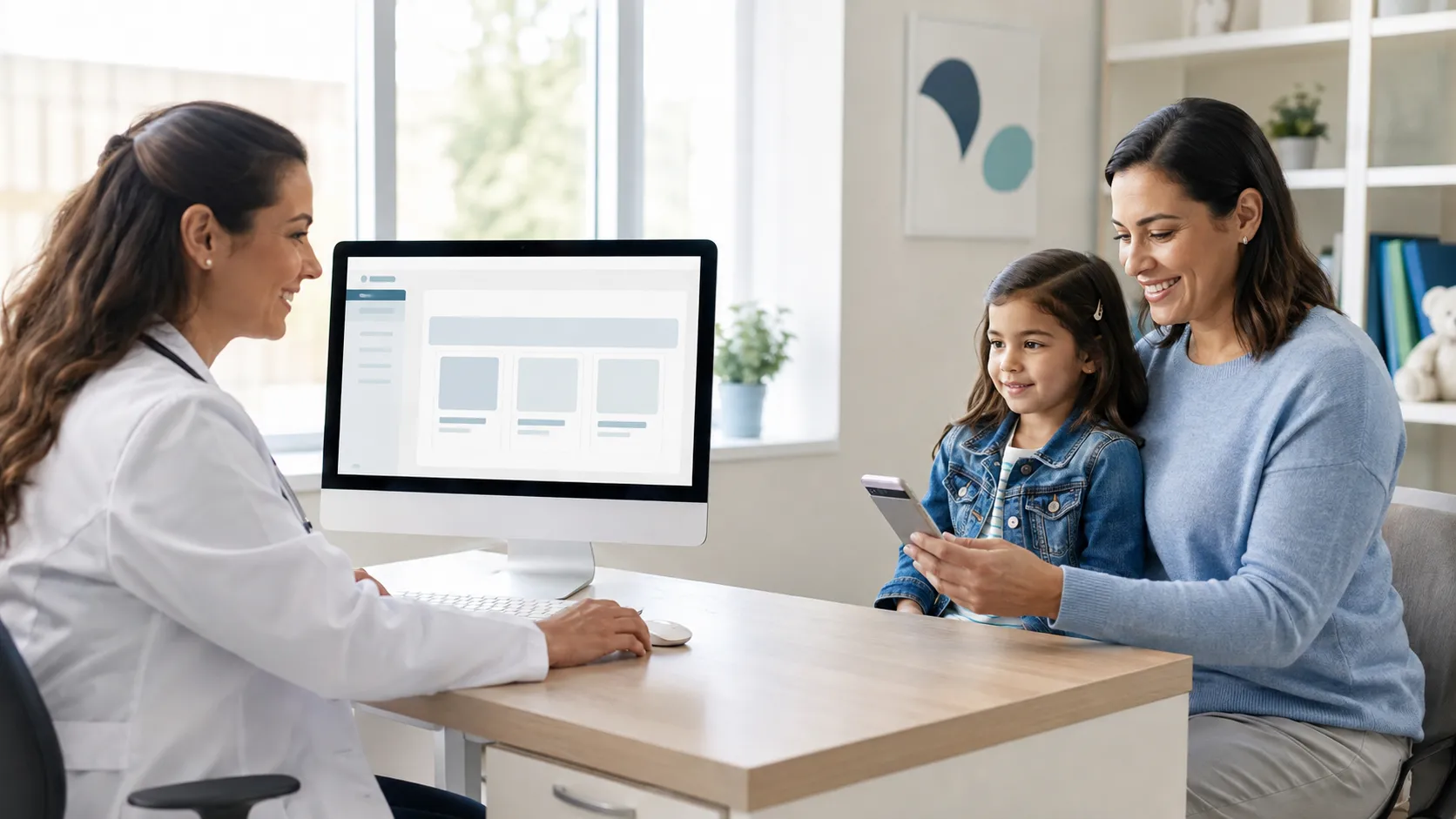 Clinician at a desktop screen while a mother and daughter view shared materials on a phone
